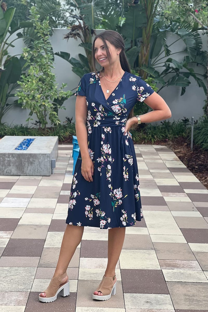 OUGES Casual Spring Summer Dress for Women 2026 Wrap V Neck A Line Midi Party Dresses with Pockets(Florals,M) - Image 5